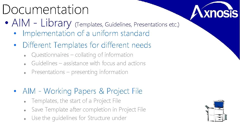 Documentation • AIM - Library (Templates, Guidelines, Presentations etc. ) • Implementation of a