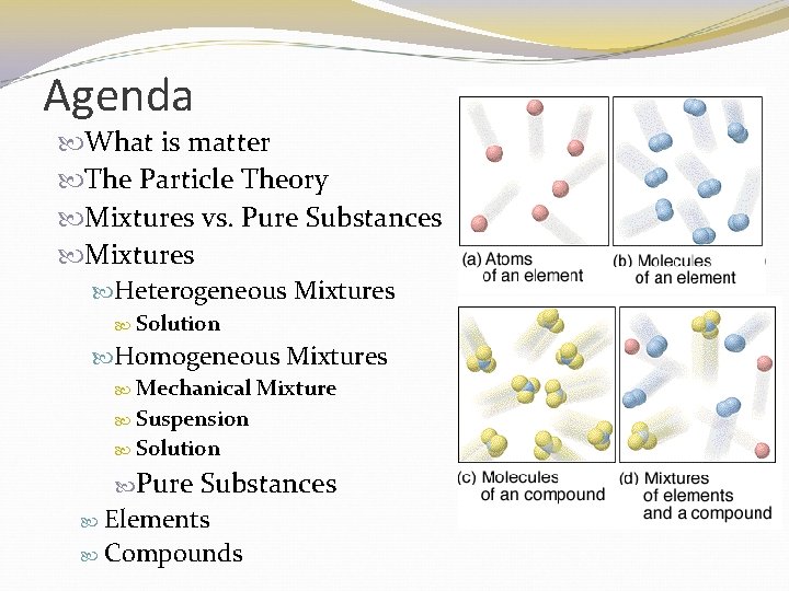 Agenda What is matter The Particle Theory Mixtures vs. Pure Substances Mixtures Heterogeneous Mixtures