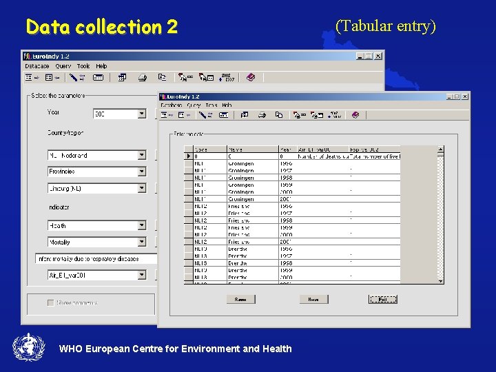 Data collection 2 WHO European Centre for Environment and Health (Tabular entry) 