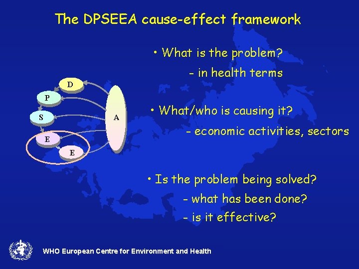 The DPSEEA cause-effect framework • What is the problem? - in health terms D