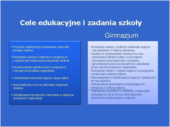 Cele edukacyjne i zadania szkoły Szkoła podstawowa • Poznanie najbliższego środowiska i specyfiki swojego