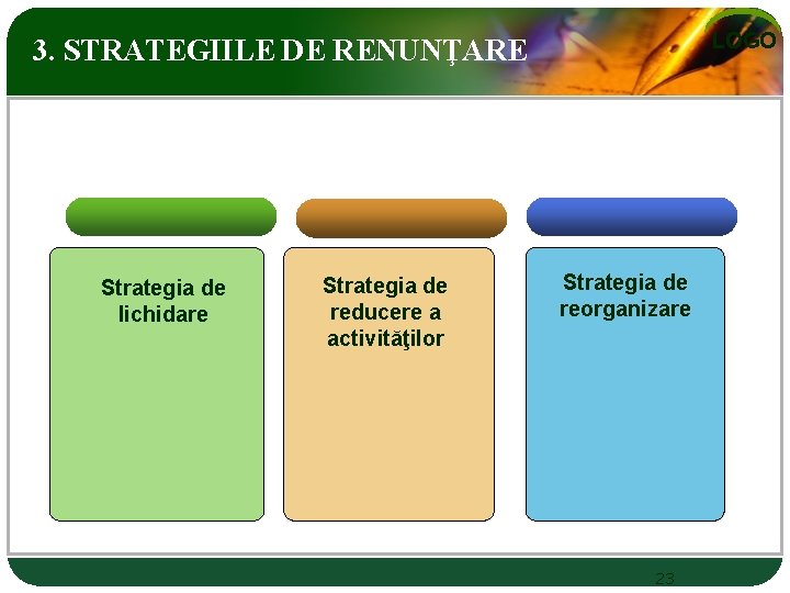 LOGO 3. STRATEGIILE DE RENUNŢARE Strategia de lichidare Strategia de reducere a activităţilor Strategia