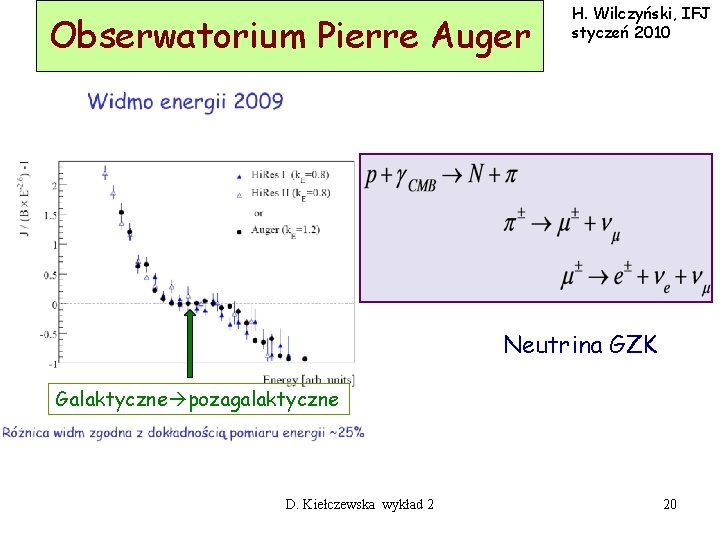 Obserwatorium Pierre Auger H. Wilczyński, IFJ styczeń 2010 Neutrina GZK Galaktyczne pozagalaktyczne D. Kiełczewska