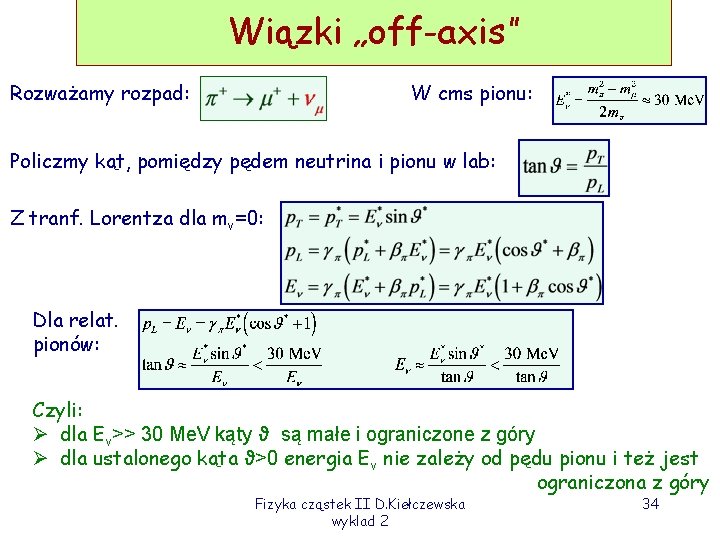 Wiązki „off-axis” Rozważamy rozpad: W cms pionu: Policzmy kąt, pomiędzy pędem neutrina i pionu