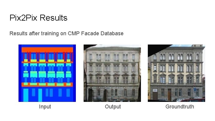 Pix 2 Pix Results after training on CMP Facade Database Input Output Groundtruth 