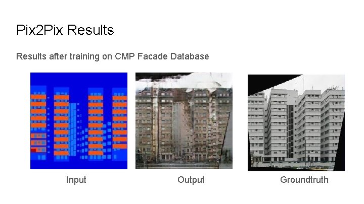 Pix 2 Pix Results after training on CMP Facade Database Input Output Groundtruth 