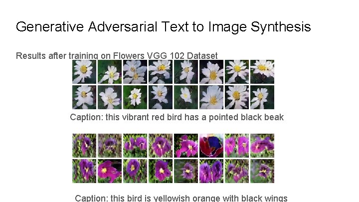 Generative Adversarial Text to Image Synthesis Results after training on Flowers VGG 102 Dataset