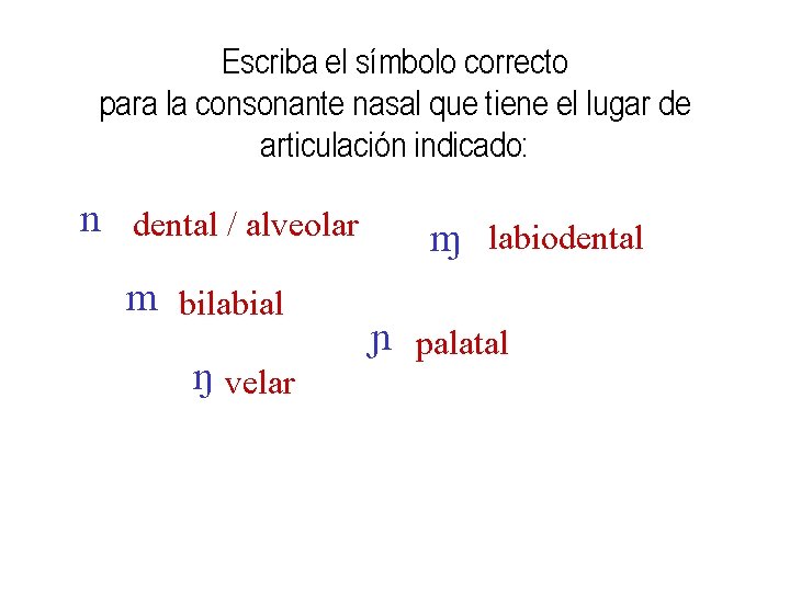 Escriba el símbolo correcto para la consonante nasal que tiene el lugar de articulación