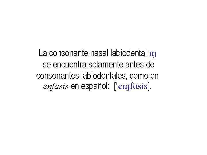 La consonante nasal labiodental M se encuentra solamente antes de consonantes labiodentales, como en