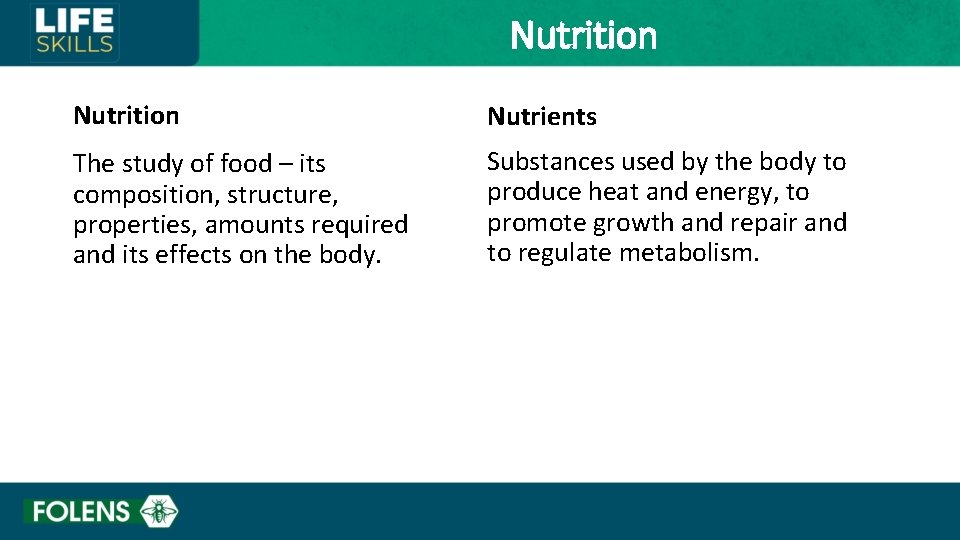 Nutrition Nutrients The study of food – its composition, structure, properties, amounts required and