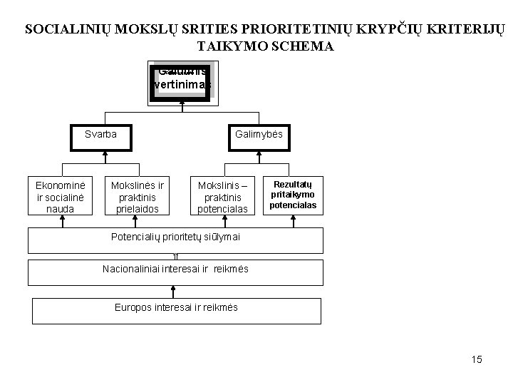 SOCIALINIŲ MOKSLŲ SRITIES PRIORITETINIŲ KRYPČIŲ KRITERIJŲ TAIKYMO SCHEMA Galutinis vertinimas Galutinis įvertis Svarba Ekonominė