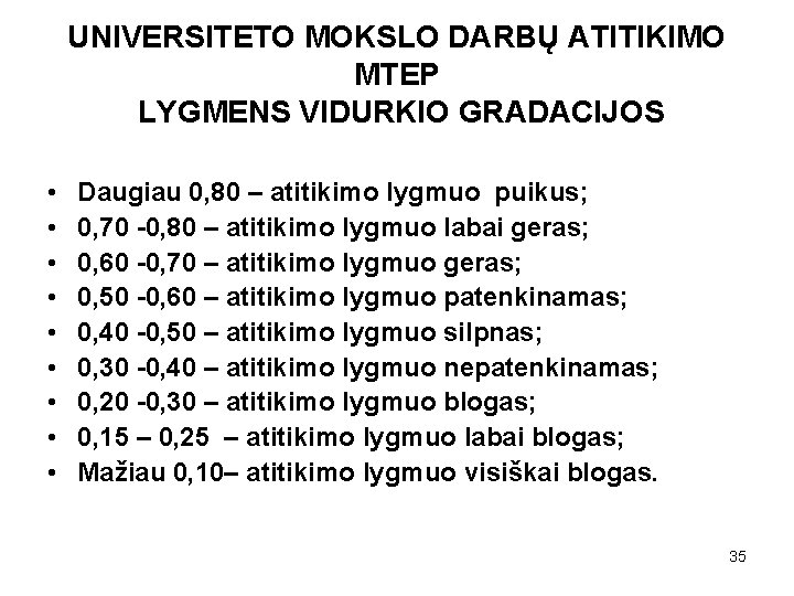 UNIVERSITETO MOKSLO DARBŲ ATITIKIMO MTEP LYGMENS VIDURKIO GRADACIJOS • • • Daugiau 0, 80