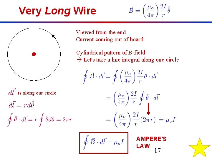 Very Long Wire Viewed from the end Current coming out of board Cylindrical pattern