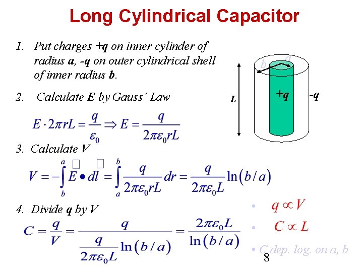 Long Cylindrical Capacitor 1. Put charges +q on inner cylinder of radius a, -q