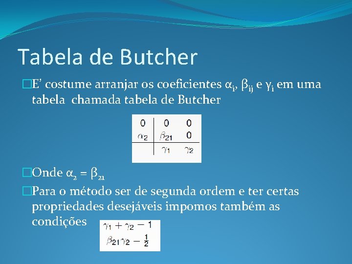 Tabela de Butcher �E’ costume arranjar os coeficientes αi, βij e γi em uma