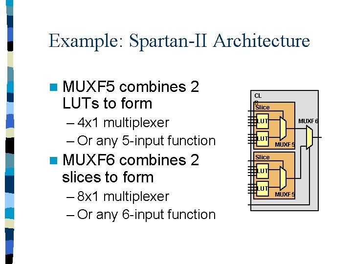 Example: Spartan-II Architecture n MUXF 5 combines 2 LUTs to form – 4 x