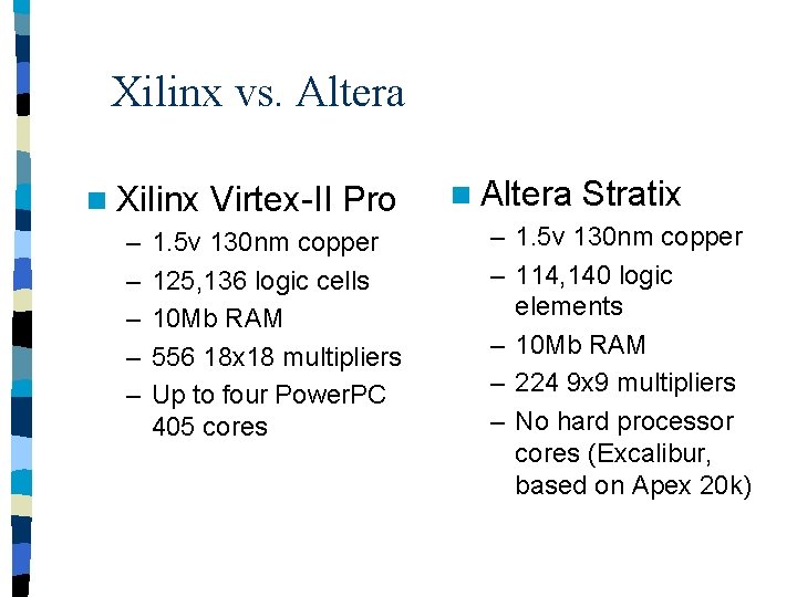 Xilinx vs. Altera n Xilinx – – – Virtex-II Pro 1. 5 v 130