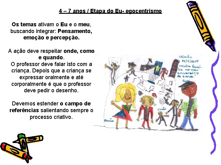 4 – 7 anos / Etapa do Eu- egocentrismo Os temas ativam o Eu