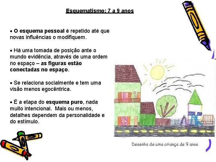 Esquematismo: 7 a 9 anos O esquema pessoal é repetido até que novas influências