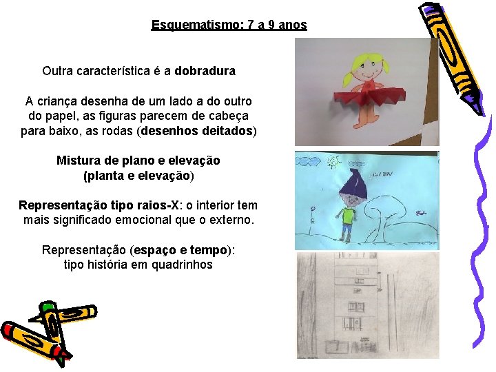 Esquematismo: 7 a 9 anos Outra característica é a dobradura A criança desenha de