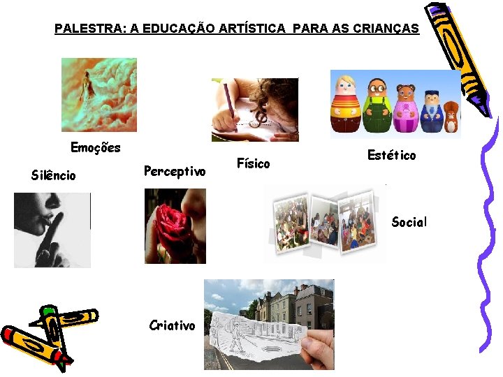 PALESTRA: A EDUCAÇÃO ARTÍSTICA PARA AS CRIANÇAS Emoções Silêncio Perceptivo Físico Estético Social Criativo