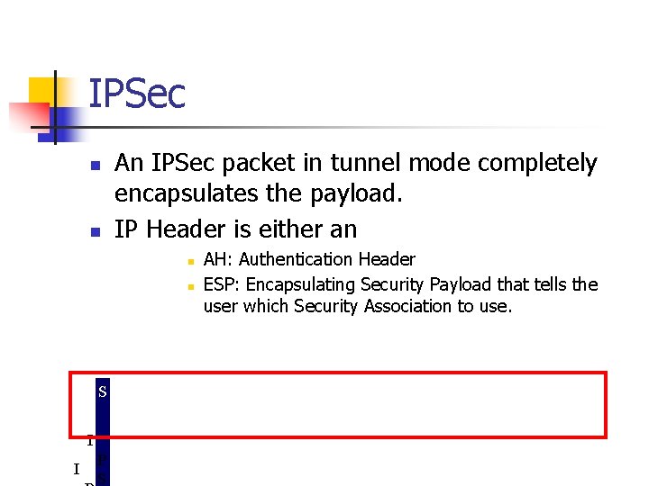 IPSec n n An IPSec packet in tunnel mode completely encapsulates the payload. IP