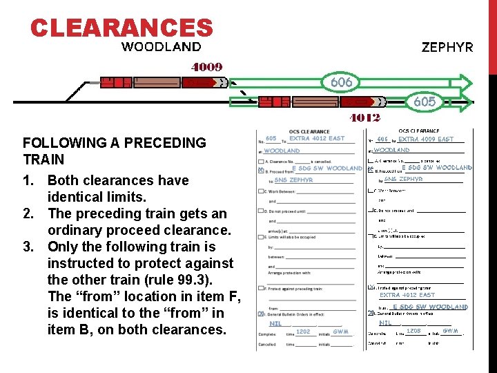 CLEARANCES P FOLLOWING A PRECEDING TRAIN 1. Both clearances have identical limits. 2. The