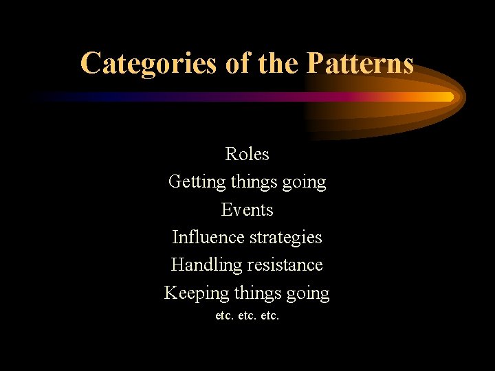 Categories of the Patterns Roles Getting things going Events Influence strategies Handling resistance Keeping