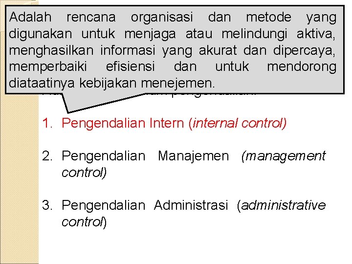 Adalah rencana organisasi dan metode yang digunakan Konsep untuk menjaga melindungi aktiva, Umum atau