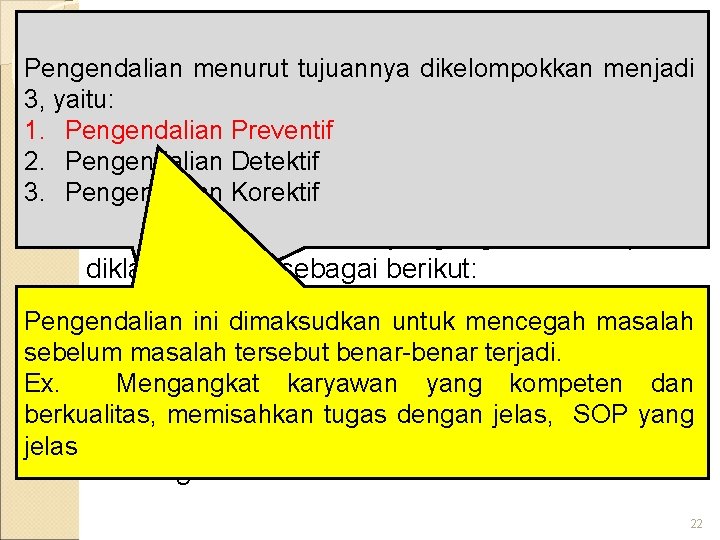 Pengendalian menurut tujuannya dikelompokkan Klasifikasi Pengendalian Intern menjadi 3, yaitu: 1. Pengendalian Preventif 2.