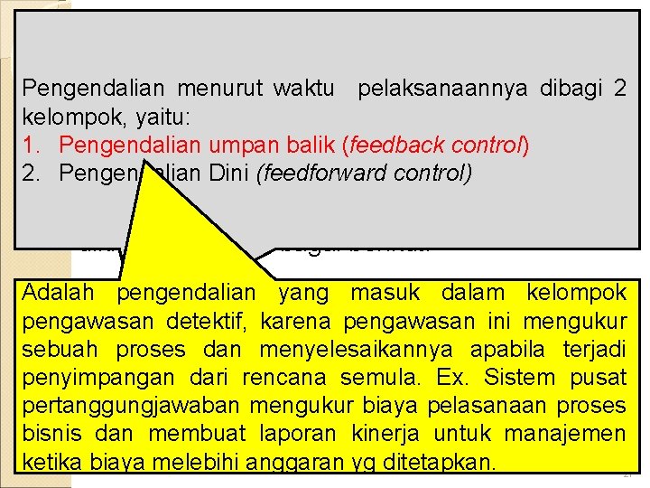 Klasifikasi Pengendalian Intern Pengendalian menurut waktu pelaksanaannya dibagi 2 kelompok, yaitu: 1. Pengendalian umpan