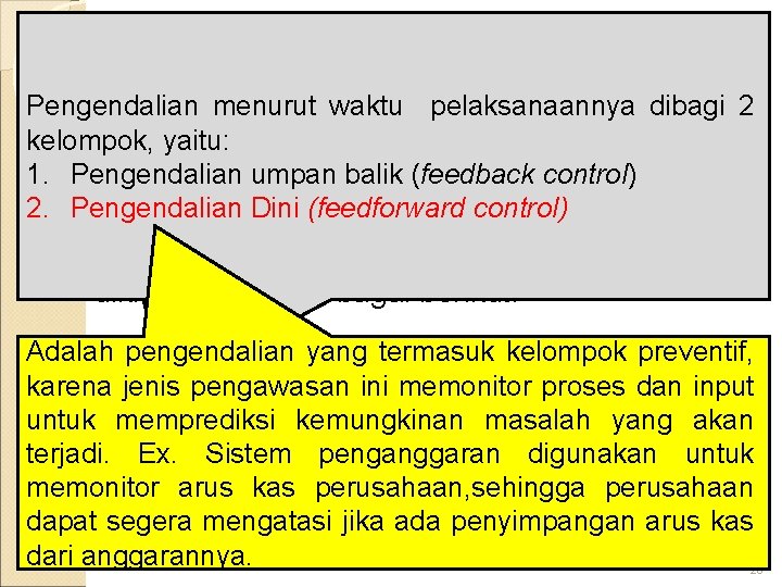 Klasifikasi Pengendalian Intern Pengendalian menurut waktu pelaksanaannya dibagi 2 kelompok, yaitu: 1. Pengendalian umpan