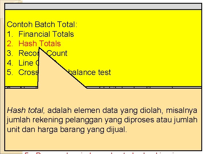 Pengecekan KOMPONEN internal untuk menjamin bahwa transaksi SPI COSO Contoh Batch AKTIVITAS PENGENDALIAN diproses