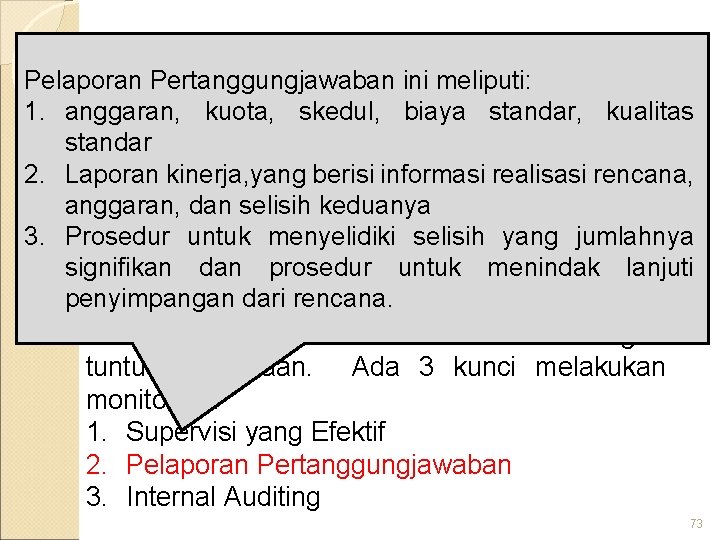 KOMPONEN SPI - COSO Pelaporan Pertanggungjawaban ini meliputi: 1. anggaran, kuota, skedul, biaya standar,