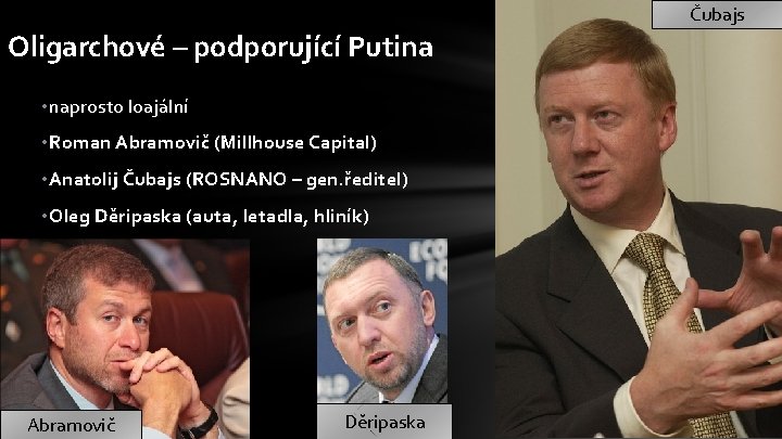 Čubajs Oligarchové – podporující Putina • naprosto loajální • Roman Abramovič (Millhouse Capital) •