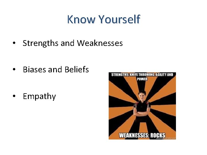 Know Yourself • Strengths and Weaknesses • Biases and Beliefs • Empathy 