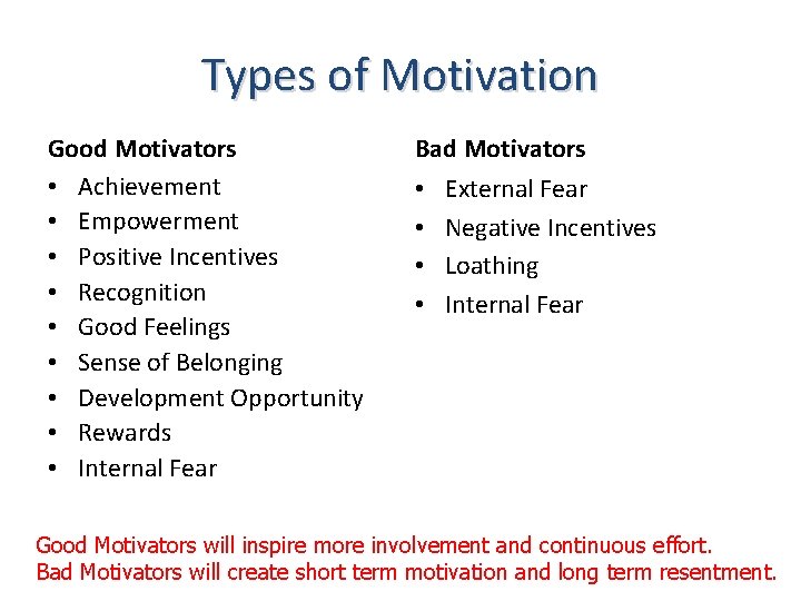 Types of Motivation Good Motivators • Achievement • Empowerment • Positive Incentives • Recognition