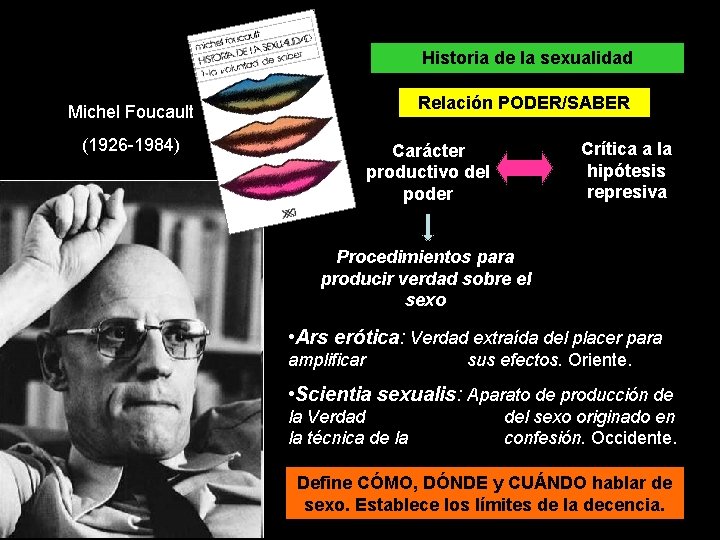 Historia de la sexualidad Relación PODER/SABER Michel Foucault (1926 -1984) Crítica a la hipótesis