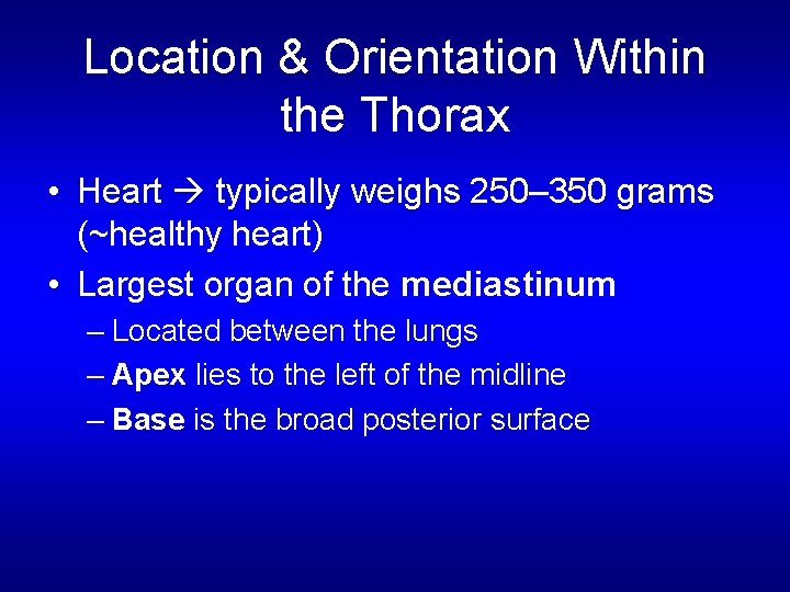 Location & Orientation Within the Thorax • Heart typically weighs 250– 350 grams (~healthy Location & Orientation Within the Thorax • Heart typically weighs 250– 350 grams (~healthy