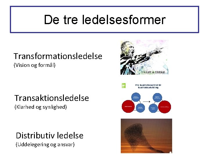 De tre ledelsesformer Transformationsledelse (Vision og formål) Transaktionsledelse (Klarhed og synlighed) Distributiv ledelse (Uddelegering De tre ledelsesformer Transformationsledelse (Vision og formål) Transaktionsledelse (Klarhed og synlighed) Distributiv ledelse (Uddelegering