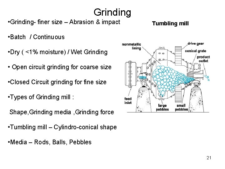 Grinding • Grinding- finer size – Abrasion & impact Tumbling mill • Batch /