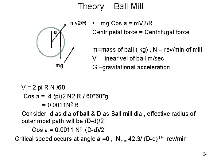 Theory – Ball Mill mv 2/R a mg • mg Cos a = m.