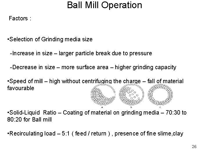 Ball Mill Operation Factors : • Selection of Grinding media size -Increase in size