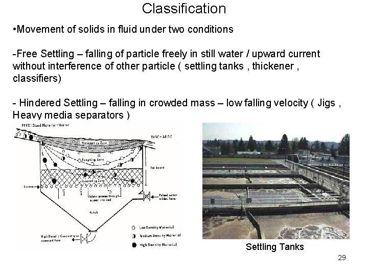 Classification • Movement of solids in fluid under two conditions -Free Settling – falling