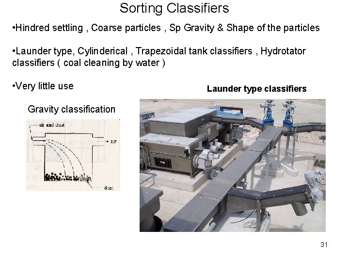 Sorting Classifiers • Hindred settling , Coarse particles , Sp Gravity & Shape of