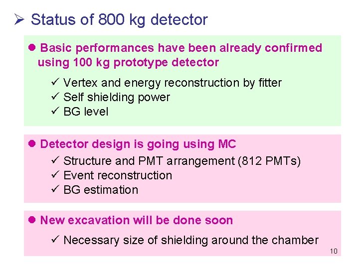 Ø Status of 800 kg detector l Basic performances have been already confirmed using