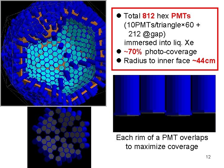 l Total 812 hex PMTs (10 PMTs/triangle× 60 + 212 @gap) immersed into liq.