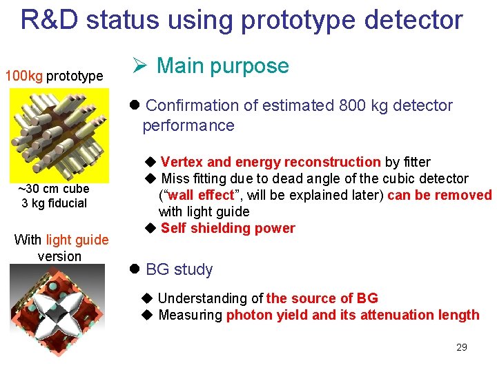 R&D status using prototype detector 100 kg prototype Ø Main purpose l Confirmation of