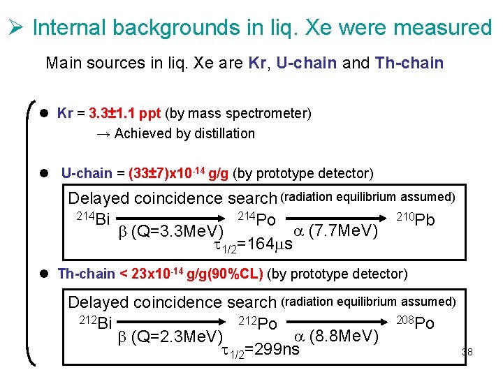 Ø Internal backgrounds in liq. Xe were measured Main sources in liq. Xe are