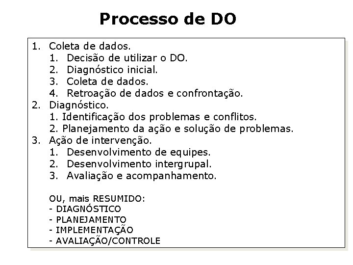 Processo de DO 1. Coleta de dados. 1. Decisão de utilizar o DO. 2. Processo de DO 1. Coleta de dados. 1. Decisão de utilizar o DO. 2.